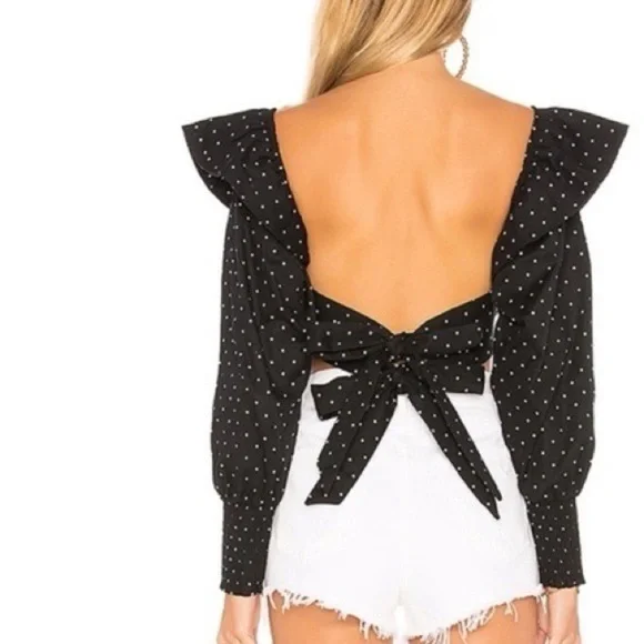 MISA Los Angeles Kayly Black Polka Dot Open Back Ruffle Cotton Crop Top Sz S. 23 - Picture 6 of 11